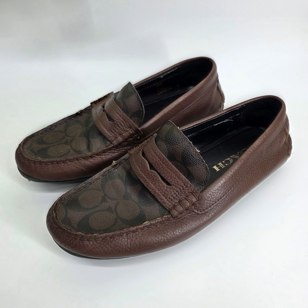 Coach Mens Signature Canvas Pebble Leather Penny Loafers Brown Driving Mocs 8D - Picture 5 of 11